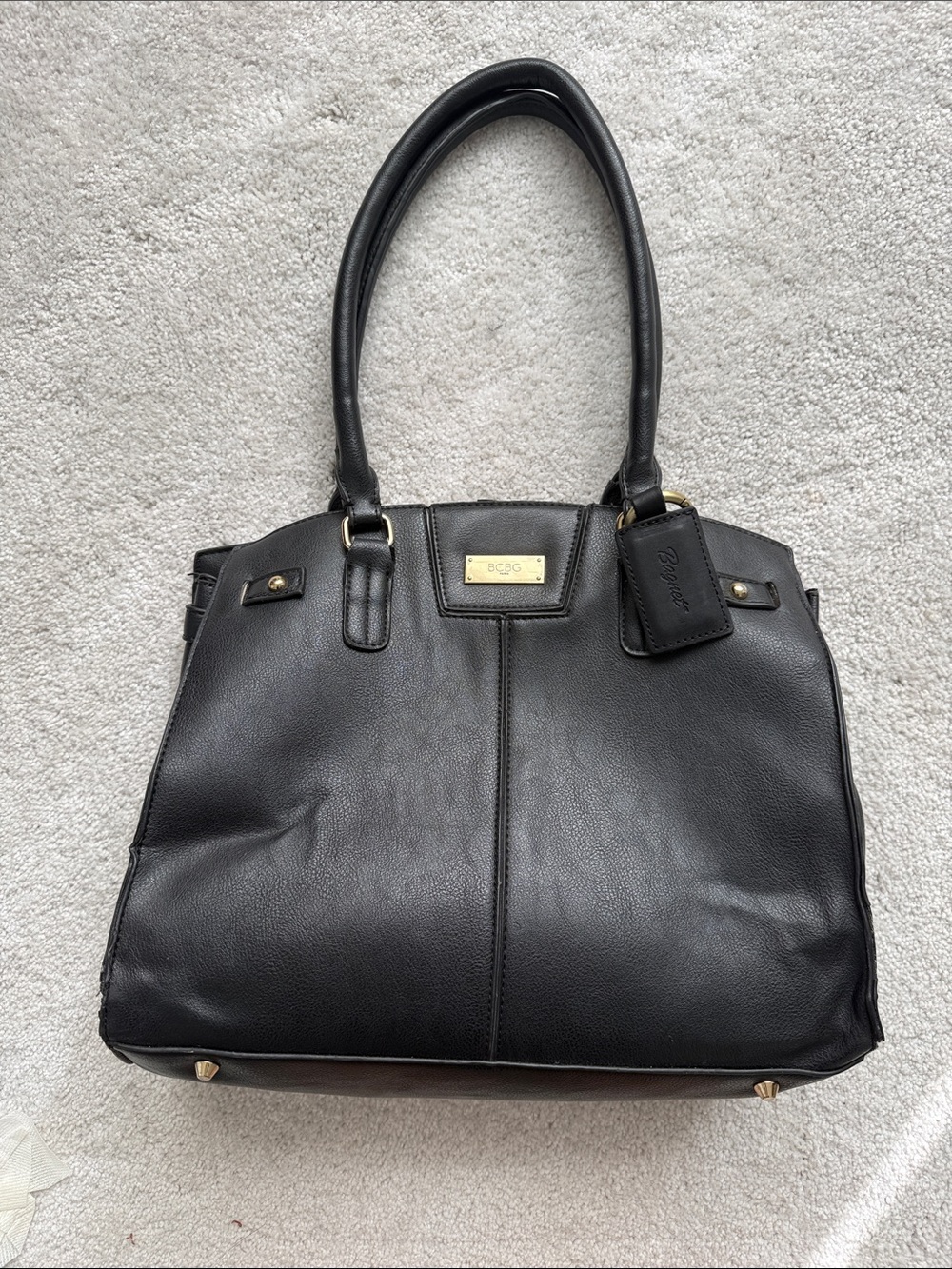 BCBG Black Leather Shoulder Tote with Gold Accents